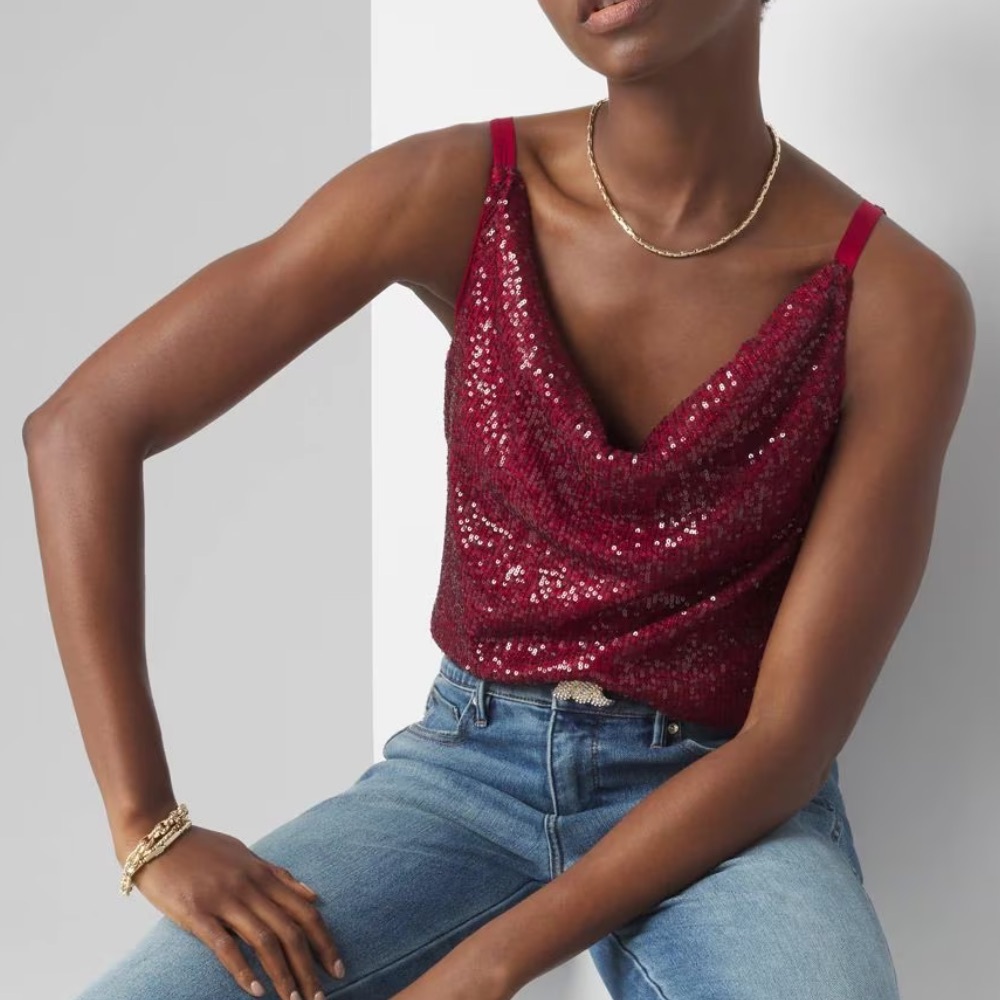 White House Black Market NWT $89 Red Cowl Neck Sequin Cami XXS